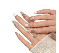 YsRoad Uñas Postizas - Handmade Press On Nails 3D,Cortas, Almendradas, Largas, Stiletto, Cuadrados, Ataúd y Punta Francesa con Pedrería de Flores Doradas, Adhesivo Removible,talla L