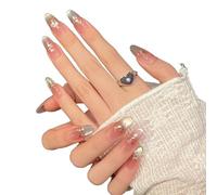 YsRoad Uñas Postizas - Handmade Press On Nails 3D,Cortas, Almendradas, Largas, Stiletto, Cuadrados, Ataúd y Punta Francesa con Pedrería de Flores Doradas, Adhesivo Removible,talla L