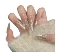 YsRoad Uñas Postizas - Handmade Press On Nails 3D,Cortas, Almendradas, Largas, Stiletto, Cuadrados, Ataúd y Punta Francesa con Pedrería de Flores Doradas, Adhesivo Removible,talla L