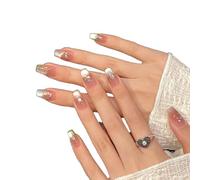 YsRoad Uñas Postizas - Handmade Press On Nails 3D,Cortas, Almendradas, Largas, Stiletto, Cuadrados, Ataúd y Punta Francesa con Pedrería de Flores Doradas, Adhesivo Removible,talla L