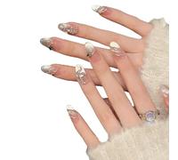 YsRoad Uñas Postizas - Handmade Press On Nails 3D,Cortas, Almendradas, Largas, Stiletto, Cuadrados, Ataúd y Punta Francesa con Pedrería de Flores Doradas, Adhesivo Removible,talla L