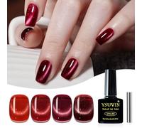 YSUVIN Esmaltes Semipermanentes para Uñas, 4 Colores Rojo Burdeos Marrón 9D Cat Eye Magnético Pintauñas Gel con Palo Magnético Soak Off UV/LED Esmalte Uñas Art DIY Set, 8 ML
