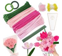 YSUVIN Limpiador de pipas para manualidades, 400 unidades, juego de flores, 4 colores, rosa y verde, limpiador de pipas para manualidades con alambre de flores, estambres, bolsa de flores para ramo de