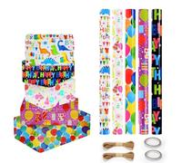 YSWOVUO 5 Rollo Papel Regalo Cumpleaños, 300cmx43cm Papel de Regalo Niños, Papel de Regalo Rollo Grande avec 2 Cinta de Doble Cara y 2 Cuerda de Cáñamo, Wrapping Paper para Fiestas de Cumpleaños