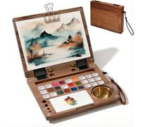 YSXXIAN Solid Walnut Watercolor Palette Box, 27 Wells Travel Art Case with Brush Cup, Portable Plein Air Paint Set & Mixing Surface for Outdoor Studio Artists
