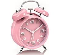 YsyYey Reloj despertador rosa, reloj despertador de doble campana, extra fuerte para personas de sueño pesado, sin tictac, funciona con pilas con luz nocturna, reloj despertador de mesita de noche de