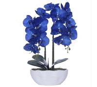 YSZL Orquídea artificial grande en maceta, arreglo floral de seda con jarrón de cerámica, azul marino