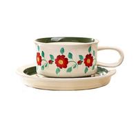 YT-KOKE Set di Tazze da Caffè e Piattini in Ceramica Floreale Vintage, Tazza in Porcellana Retrò con Manico, Tazza da tè con Motivo Floreale Dipinto a Mano con Cucchiai (D)