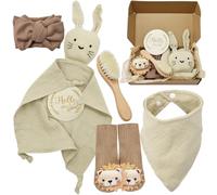 YTACREA Regalo Bebe Recien Nacido, Paño de Mimos Doudou Muselina para Niña o Niño, Regalos de Nacimiento con Babero, Cepillo, Tarjetas de Hitos, Calcetines, Bandana, Caqui