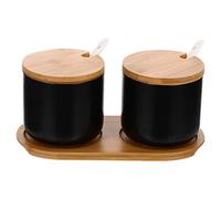 YTBHSHXZ Azucarero con tapa cuchara, tarros de cerámica madera, 2 especieros platillo for azúcar, sal y especias
