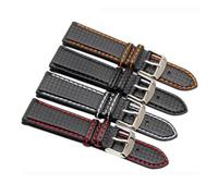 YTBHSHXZ correa de reloj, Cuero genuino for hombre de fibra de carbono con correa de reloj con cierre plateado(Black with orange,20mm)