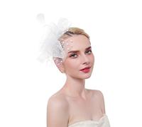YTBHSHXZ, Diadema con flores, cintas de malla y plumas for bodas, iglesias, cócteles, fiestas de té, etc.(White)