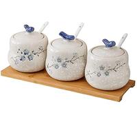 YTBHSHXZ Juego de 3 tarros cerámica for condimentos con tapa, bandeja y cuchara. Diseño pintado a mano. Capacidad: 400 ml (14,1 oz)