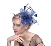 YTBHSHXZ， Sombrero de plumas for boda, iglesia, tocado de malla, cintas de flores for mujer, tocado for cóctel, fiesta de té(Navy)