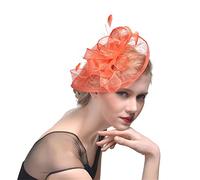 YTBHSHXZ, Tocado de malla for mujer, for bodas, cócteles, fiestas de té, flores sólidas, plumas, tocado con pinza for el pelo(Orange)