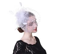 YTBHSHXZ, Tocados de plumas elegantes for mujer, for fiestas, bodas, velos, estampados de lunares, de hilo, con pinzas(White)