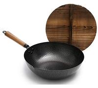 YTBHSHXZ wok, Sartén wok de hierro fundido precurada con tapa abeto chino, sartén negra