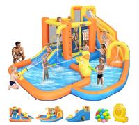 Ytonisld Tobogán acuático inflable para niños de 3 a 10 años, parque acuático de patio trasero de 180 x 176 x 93 pulgadas con tobogán curvado y cortina de agua, piscina de salpicaduras, zona A/B