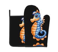 YTUOPWE Interesante juego de dos piezas de guantes resistentes al calor y almohadillas aislantes de alta gama para cocinar con imagen de caballito de mar