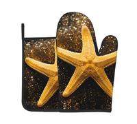 YTUOPWE Juego de dos piezas de guantes de alta gama resistentes al calor y almohadillas aislantes de cocina con purpurina amarilla