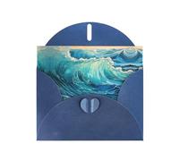 YTUOPWE Tarjeta de felicitación azul con diseño de cuadros en blanco y perlas, hermoso bloque de notas en blanco, ondas de lentejuelas, imagen del océano