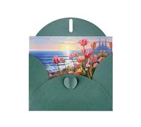 YTUOPWE Tarjeta de felicitación en blanco verde oscuro con diseño de tulipanes junto al mar con perlas