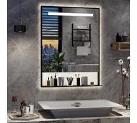 YU YUSING Espejo de Baño 60x80cm con Estante Extraíble, Espejo de Pared 3 Colores Ajustable, Marco de Aluminio, Antivaho, con Estante de Almacenamiento, Indicación de Hora, IP44