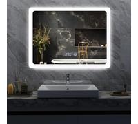 YU YUSING Espejo de Baño con Luz LED Regulable en 3 Colores, 80x60cm, Espejo de Pared Iluminado, Interruptor Táctil, Función Antivaho, Visualización Tiempo, Clase Protección IP44