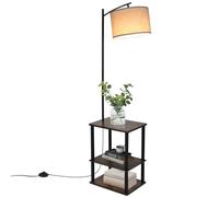 YU YUSING Lámpara de Pie con Mesa 3 Estantes, Lámpara Salón 150cm, con Casquillo E26, Lampara de Lectura con Pantalla Tela Blanco, para Dormitorio Estudio y Oficina, Iluminación Interior, Marrón