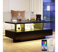 YU YUSING Mesa de Centro con LED, Mesa de Salón con 2 Cajones y 2 Estantes, Iluminación LED de 6000 Colores, Control por Aplicación,Auxiliar con Apertura, 105 x 50 x 39 cm, Color Negro Moderno