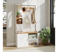 YU YUSING Perchero Zapatero Multifuncional con Espejo 90x30x170cm, Perchero Entrada Recibidor con Zapatero con Banco para Zapatos, Mueble Zapatero Recibidor Moderno con 4 Ganchos, Blanco y Natural