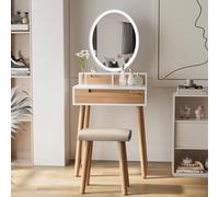 YU YUSING Tocador de Maquillaje con Espejo LED 3 Modos Luz, Tocador de Dormitorio con Taburete 3 Cajones, Iluminación Regulable, Mesa Cosmética Multifuncional para Vestidor, Moderno, Color Madera