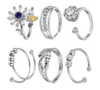 Yuanchu Anillo antiansiedad para mujer, 6 anillos abiertos ajustables antiansiedad, anillo de flores y abejas, bonitos artículos de alivio