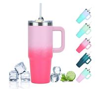 YuanDiann Taza térmica de 1200 ml / 40 oz, acero inoxidable, degradado de color, doble pared, taza de café con asa, taza de viaje, con pajita y tapa a prueba de fugas, color rosa y rojo