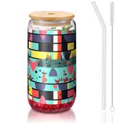 yuangjhop Patrón geométrico con tapa de bambú de 16 onzas y vaso con pajita. Sin BPA. Vaso reutilizable con tapa de bambú y popote de vidrio para bebidas frías o calientes.