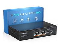 YuanLey 6 Port 2.5G PoE Switch No Gestionado, 4 x 2.5G Base-T PoE Puertos, 2 x 10G SFP, 802.3af/at, 78W, Compatible con 100/1000/2500Mbps, Metal Sin Ventilador, Montaje Pared Conmutador de Red 2.5Gbe