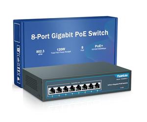YuanLey 8 Port Gigabit PoE Switch, 8 PoE+ Port 1000Mbps, 120W 802.3af/at, Metal sin Ventilador Plug and Play no Administrado
