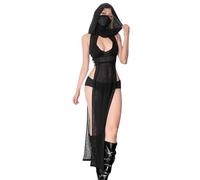 YUANMO Rave Outfits - Vestido con Capucha Transparente para Mujer, Corte Alto, Abertura Alta, Salida de baño para Fiesta, Club Nocturno, Negro -, S