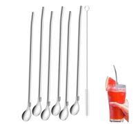 Yuannee Pajitas con Cuchara,6 PCS 2 en 1 de Acero Inoxidable con Cepillos de Limpieza Pajitas de Metal Cucharas Largas para Helado para CóCteles Café Latte Macchiato Leche(Plata)
