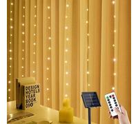 YUANYUYING Cortina de luces solares, 3 m x 1 m, 100 LED, cascada exterior, control remoto y temporizador, 8 modos de iluminación, IP65 resistente al agua, ideal para jardín (Blanco cálido)