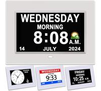 Yuanzeco Reloj despertador con fecha y calendario, reloj digital de 7 pulgadas y marco de fotos, pantalla regulable automáticamente, 15 opciones de alarma, día y mes sin abreviar (blanco)