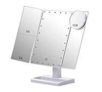 Yuattory Espejo de Maquillaje Triple con 22 Luces LED, Aumento de 10X / 3X / 2X Espejo CosméTico PortáTil de Escritorio con Mesa Iluminada y Plegable,