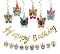 YUBBYSTU Decoración de cumpleaños de gato, 6 piezas de decoración de remolino de gato, decoración de fiesta de cumpleaños de maullido, 10 pancartas de cumpleaños de gato de dibujos animados con
