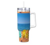 YUBVCF Flip-Flops On A Sandy Beach Printing - Vaso de acero inoxidable de 40 onzas, taza aislada al vacío de doble pared con asa y tapa de popote 2 en 1