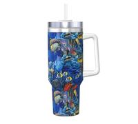 YUBVCF Tropical Fishes - Vaso de acero inoxidable de doble pared aislada al vacío con asa y tapa de popote 2 en 1