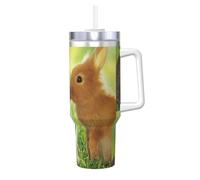 YUBVCF Vaso de acero inoxidable de 1,134.0 g con impresión de pareja de conejos, taza aislada al vacío de doble pared con asa y tapa de popote 2 en 1