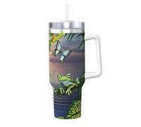 YUBVCF Vaso de acero inoxidable de 40 onzas con diseño de mariposas de verano, con diseño de mariposas y lago. Taza aislada al vacío de doble pared con asa y tapa de popote 2 en 1