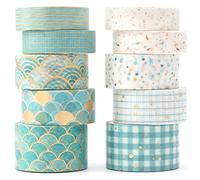 YUBX 10 Rollos Washi Tape Set Masking Tape lámina dorada cinta adhesiva de papel decorativa para Scrapbooking Artesanía de Bricolaje (azul bronceador)
