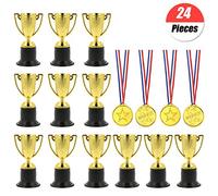 YuChiSX 24 Piezas de trofeos de medallas Set,12 x Mini Trofeo de plástico de Oro,12 x medallas ganadoras para Favores Adornos de Fiesta
