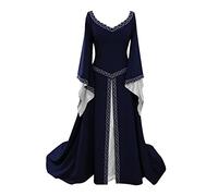 YUDATPG Vestido medieval de manga larga para mujer, vestido de Renacimiento, chemise campesina, disfraz de Halloween, hada, vestido gótico, camisón, azul oscuro, XXL